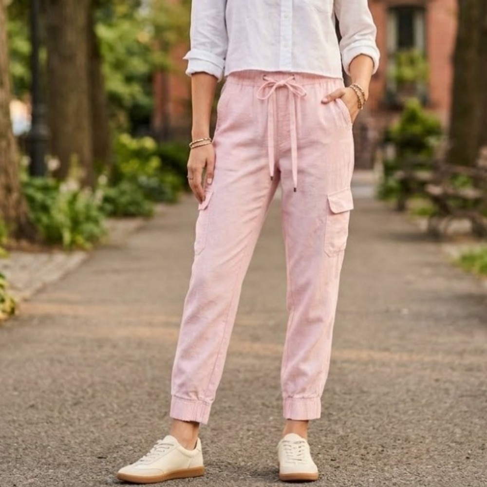 St Johns Bay Pink Linen Blend Cargo Joggers Women M Drawstring Waist Reasortwear